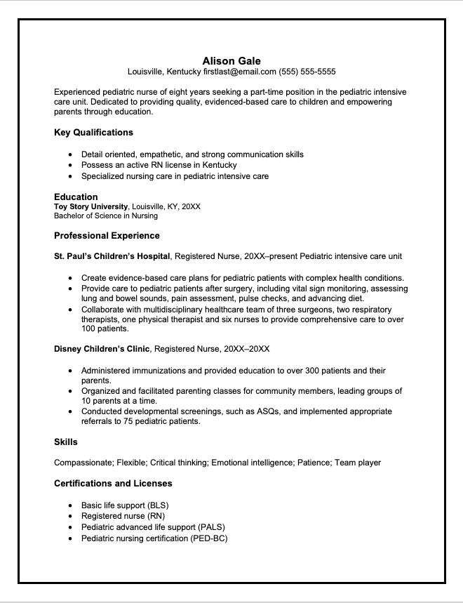 Sample nursing resume.