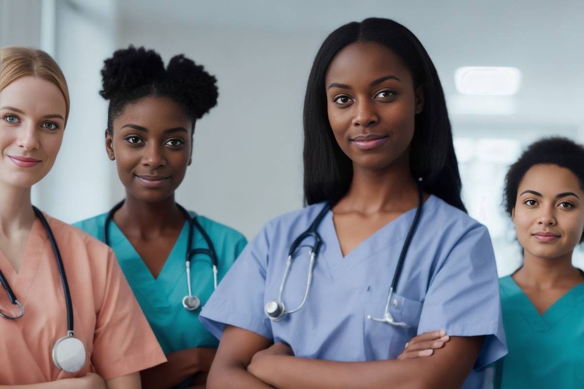 A group of nurses demonstrate how to style scrubs.