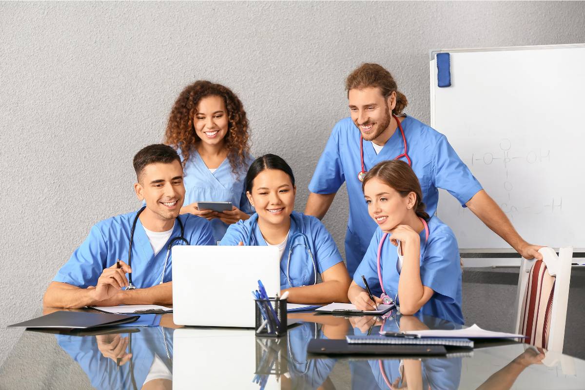 A group of nursing students study for a test on Ida Jean Orlando theory.