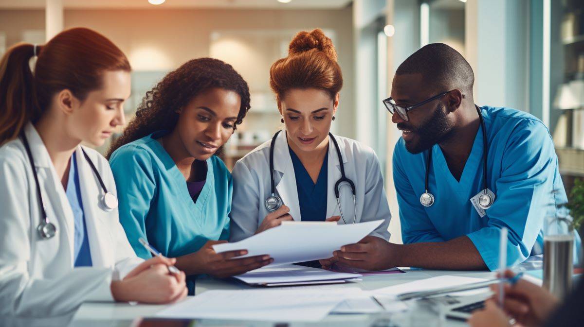 Nurses and physicians meeting to coordinate their care procedures.