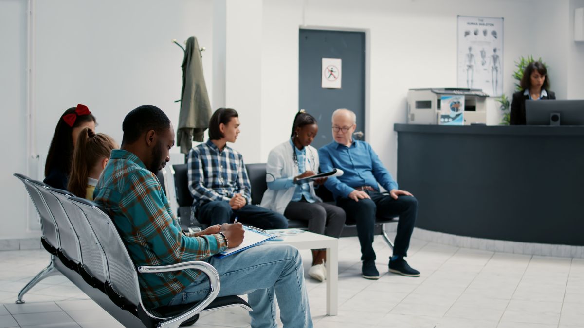 Hospital patients in the waiting room.