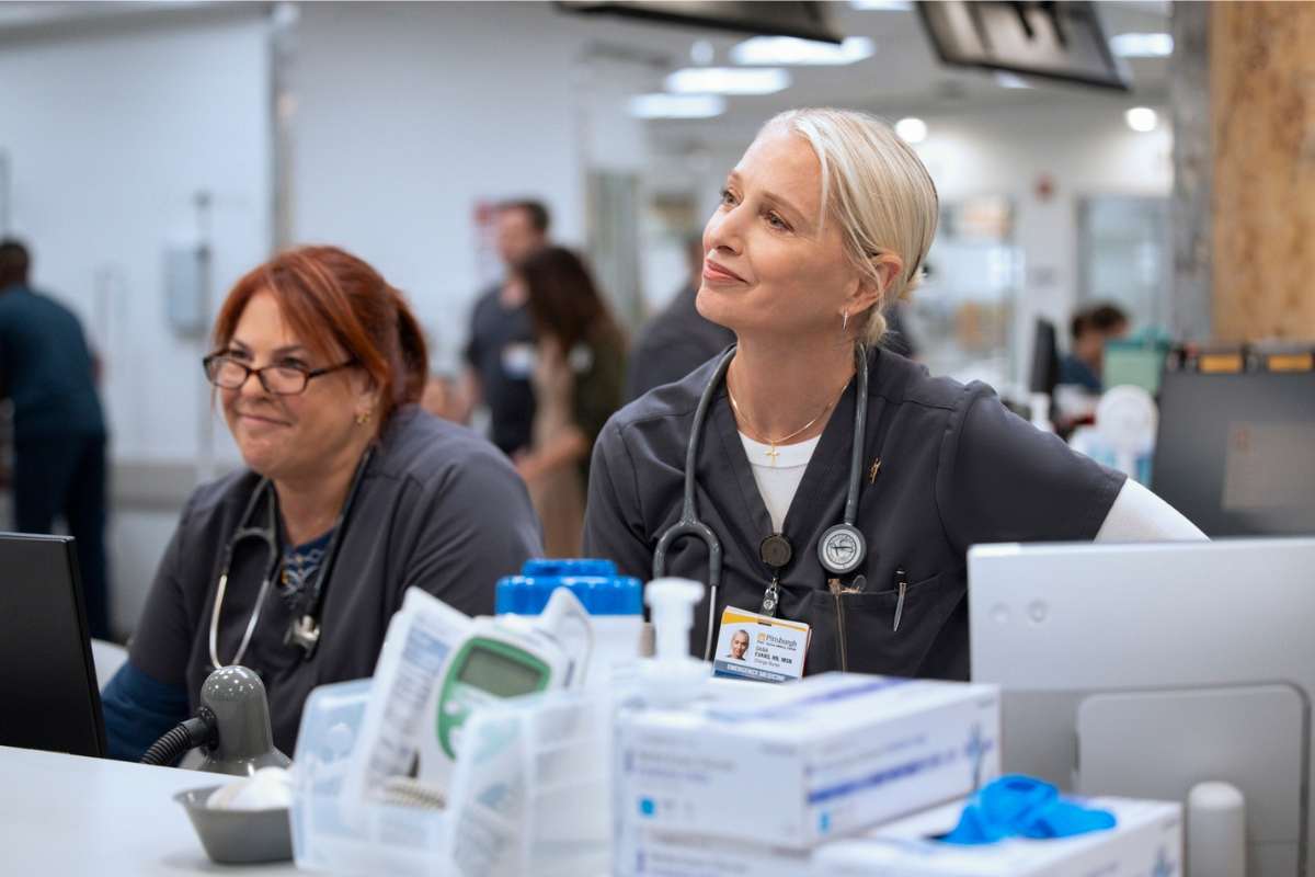 Image of Katherine LaNasa in her role as charge nurse Dana Evans in The Pitt on HBO Max.
