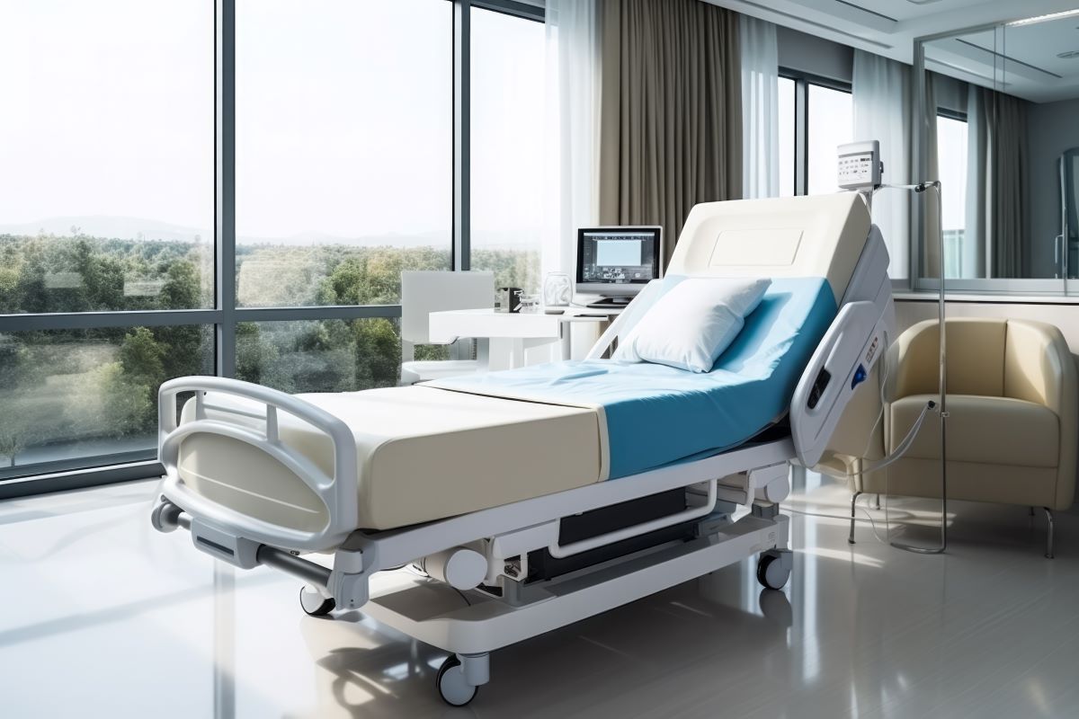 A smart hospital bed, unoccupied.