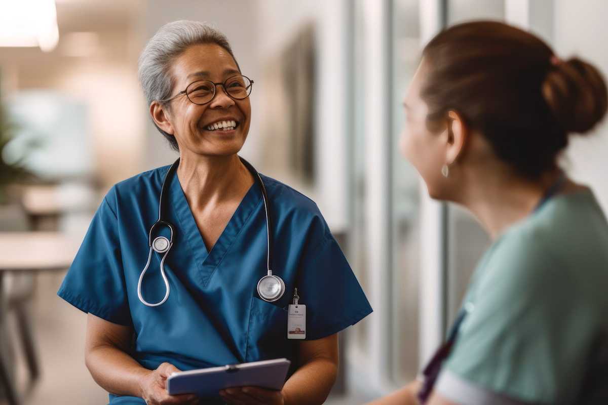 An experienced nurse mentoring a younger nurse.